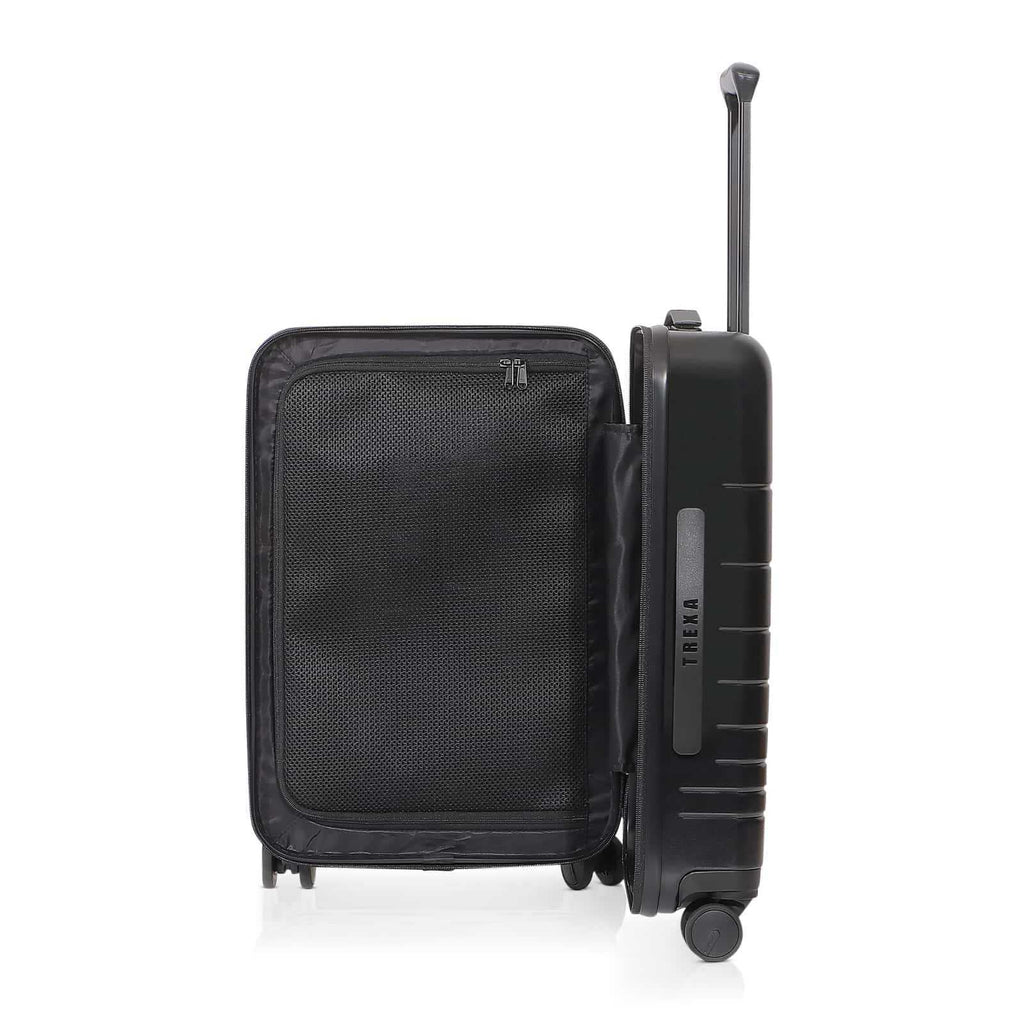 Black Luggage, Open Luggage, Side View Of Luggage, Zipper, Telescoping Handle, 4 ultra smooth wheels, Four ulta smooth wheels. TREXA 28