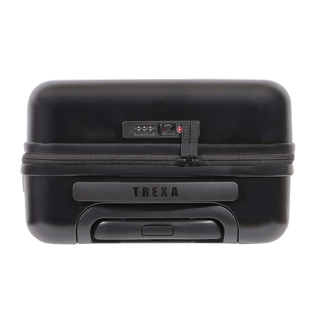 Top view looking down on black premium luggage from TREXA luggage. Zippers locked in TS lock. TREXA branded premium carrying handle